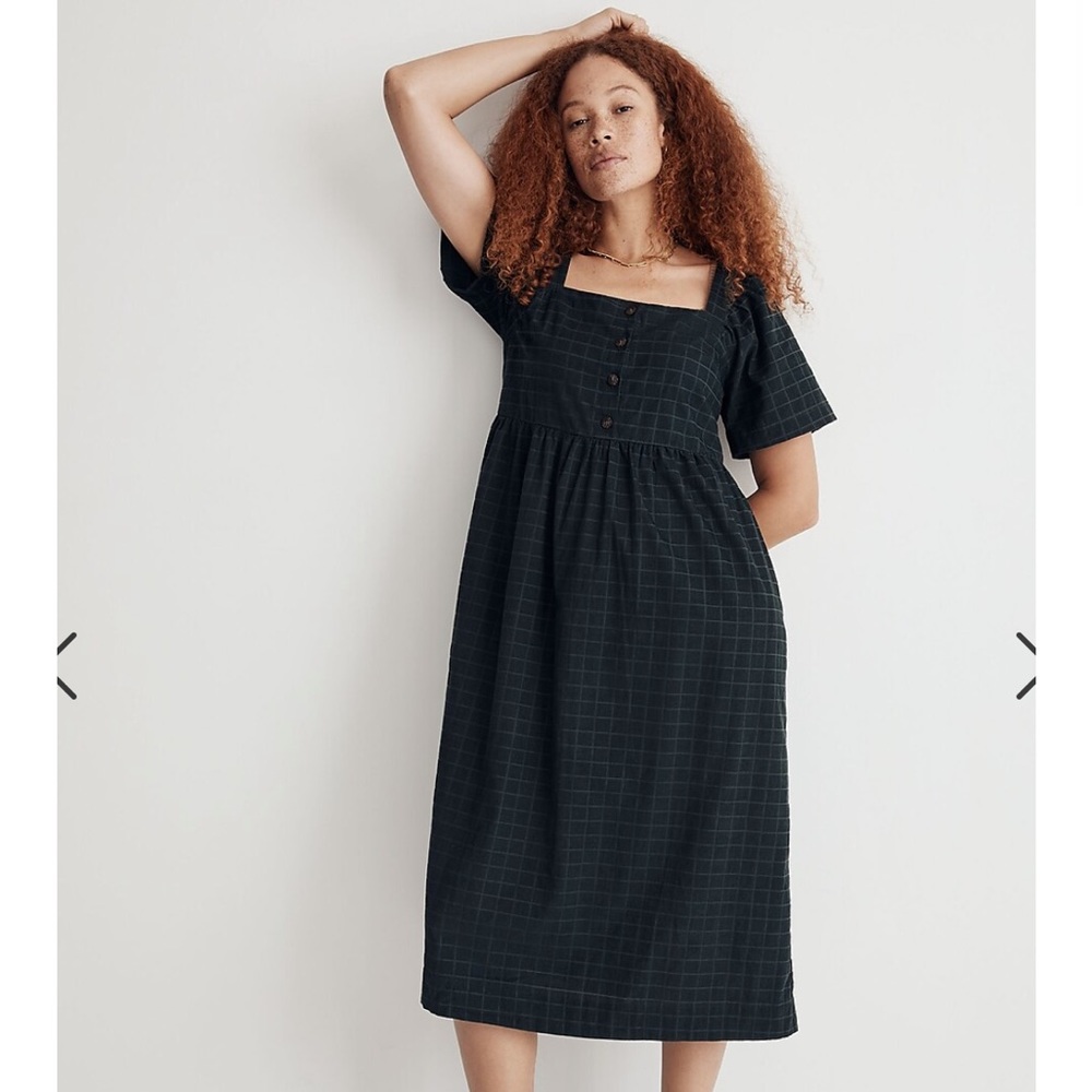 Corduroy Square-Neck Midi Dress in Windowpane